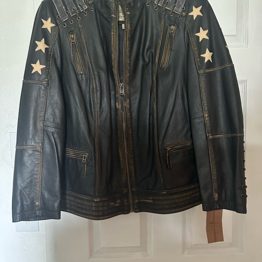 Vintage Black Leather Jacket with Star Details